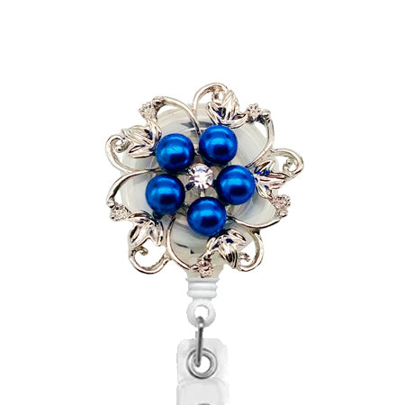 Dainty Pearl Blue Flower ID Badge Reel