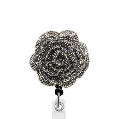 Sparkling Silver Black Rose ID Badge Reel