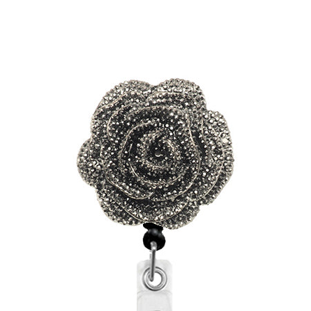 Sparkling Silver Black Rose ID Badge Reel